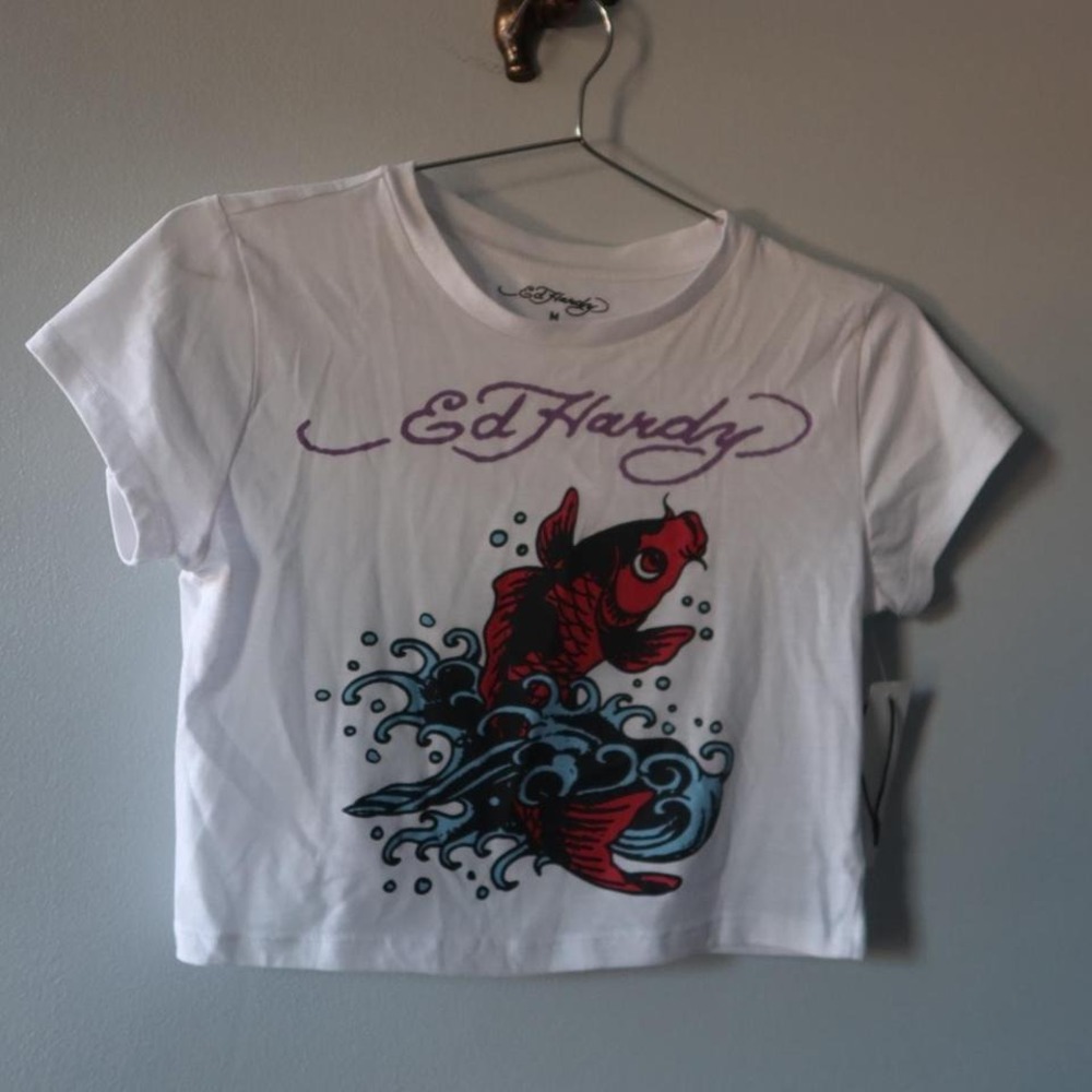 White Ed Hardy baby cropped tee with purple‎ accents